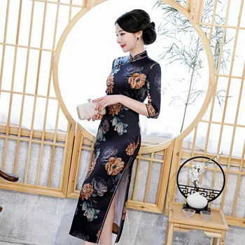 Vintage Črne Elegantne Ženske Qipao Kitajske Tradicionalne Mandarin Ovratnik Klasičnih Cheongdsam Seksi Slim Vestidos Plus Velikost Obleko 5XL