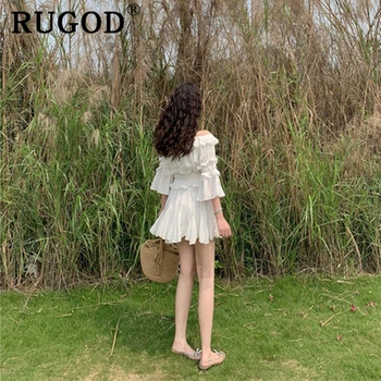 RUGOD Elegantno Off Ramenski Ženske Bluzo Tunika Naguban Flare Rokavi korejski Dame Majice Poletje Moda Ruffles Slim Vrhovi 2020