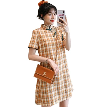 Plus Velikost M-4XL Rumena Preverite Svoboden Moda Sodobne Cheongsam Obleka Ženske Kratek Rokav Qipao Tradicionalna Kitajska Oblačila