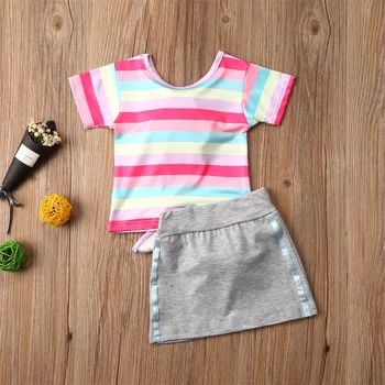 2020 2PCS Malčka Otroci Baby Girl Obleke, Kompleti Mavrica Prugasta Princesa Vrhovi T-shirt Mini Krilo Obleke