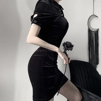 Tradicionalno kitajsko Obleko za Ženske Cheongsam Črnega Žameta Qipao Seksi Gothic Slim Kratek Rokav Čipke Ženski Stranka Mini Obleka