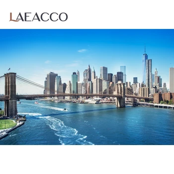 Laeacco Manhattan Mesto, Metropola Stavb Morje Most Panoramska Fotografija Okolij Foto Kulise Photocall Foto Studio