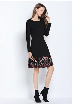 Brezplačna dostava 2019Fashion Elegantna vezenina Midi Obleko Jeseni black gojene-line stranka obleko obleko OL vestidos 5XL XXXXXL