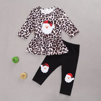 Baby Toddler Božič Dekle Obleko Nastavite , Santa Claus Prined Leopard Vrh Elastični Pas Hlače Nastavite Jesen Zimo Božič Oblačila
