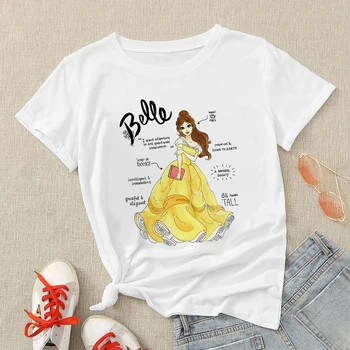 Disney Princesa Belle Lepota in Zver Tiskanja Poletje T Shirt Humoreska Osebnost Vogue Dekle Tshirt Harajuku Priložnostne Svoboden T-Shirt