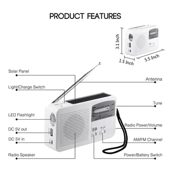 Sili Radio s Sončno in Ročno Ročice Self Pogon, Baterije, USB Polnjenje FM/AM Radio, LED Svetilka Telefon Polnilnik