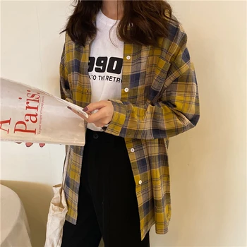 Priložnostne Svoboden Kariran Shirt Ženski korejski Harajuku Lepe Ženske Majice Ulzzang Japonski Kawaii Ženske Vintage Oblačila Za Ženske