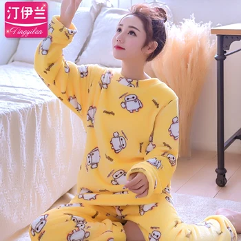 Korejski Lepe Ženske Pižame Jeseni, Pozimi Homewear Oprema Flanela Dolgo Oplaščeni Obleko Debele Coral Runo Sleepwear B-5987