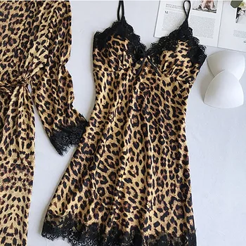 Leopard Pižamo za Ženske Čipke Seksi Perilo Modni Svile Pajama Določa Ženske 2020 Poletje Pijama Mujer Pyjama v Prsih Pad