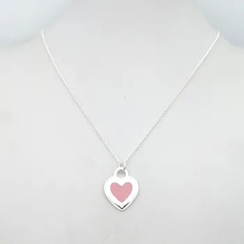Sterling srebro 925 klasičen modni roza emajl srce obesek ženske ogrlica nakit počitnice darilo