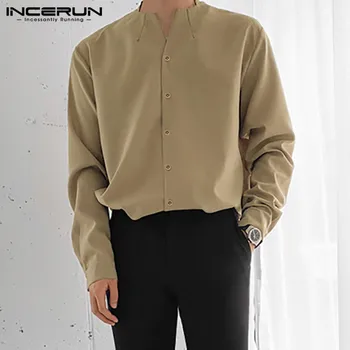 INCERUN 2021 Modni Moški Barva Majica Dolg Rokav V Vratu Ulične Gumb Priložnostne Bluzo korejskem Slogu Elegantne Srajce Camisas