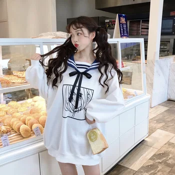 Pozimi Kawaii sladko dekle Tiskanja Lolita Čipke Ženske Fleeces Harajuku Priložnostne Svoboden Lolita Style Dolg Rokav Trenirka, Majica