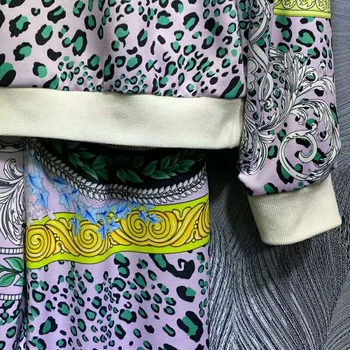 SEQINYY Priložnostne Nastavite Jesen Pomlad Novo Modno Oblikovanje 2020 Ženske Puloverju + Midi Hlače Letnik Cvet Leopard Zelena Vijolična Tiskanja