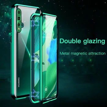 Magnetne Kovine Dvojno Steklo Primeru Telefon Za Huawei P30 P20 Pro Nova 5 Luksuznih Magnet Adsorpcije Zaščitni Pokrov Coque Funda Lupini