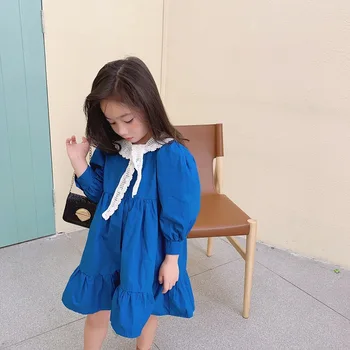 Jeseni Nov Prihod v korejskem slogu bombaž dolg rokav princesa obleko z čipke pasu za modo cute sweet baby dekleta