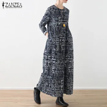 ZANZEA Bohomian Jeseni Leta 2020 Ženske Bombaža Dolgo Maxi Obleko z Dolgimi Rokavi Vestidos Cvjetnim Natisne Obleke Žepi Plus Velikost Tunika 5XL