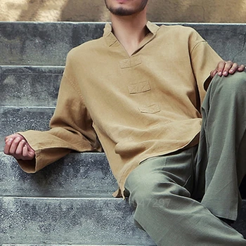 5XL Bombaž Perilo Majica Moški Priložnostne Long Sleeve Vintage 2020 Barva Vrhovi Žepi Camisa Kitajski Slog Mens Majice Hanfu