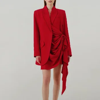 Korejski blazer Moda za ženske do leta 2020 pomlad jesen elegantno nezakonitih draped slim jopič femenino rdeča/črna ženska jakna