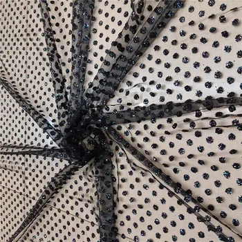 Dot design črne barve prilepljena bleščice čipke tkanine Afriške YG-186 Čipke z prilepljena bleščice bleščice pade ven nekaj