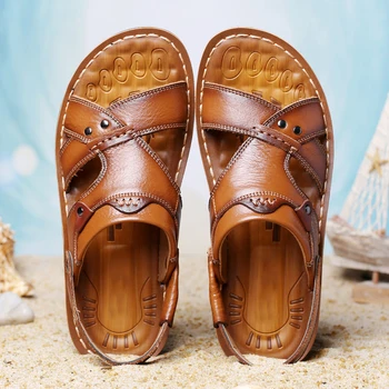 Moški sandali copate Pristen Cowhide usnje plaži čevlji za moške trend casual men ' non-slip Dve Uporablja sandali