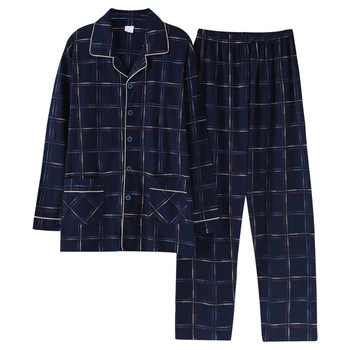 Pozimi Bombaž Za Moške Pižame 2PCS Salon Sleepwear Moških Modra Kariran Pijama Hombre 2020 Domov Oblačila Čistega Bombaža Pižame Set