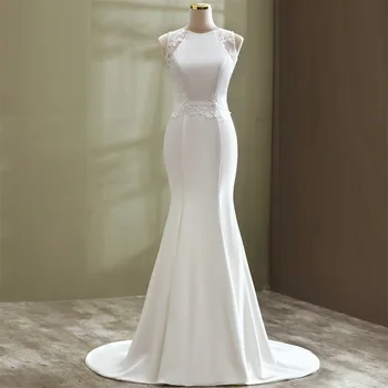 Žensko poročno obleko o vratu čipke poročne poročno obleko brez rokavov plus velikost morska deklica poročne obleke po meri narejene bela