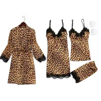 Novo 4PCS Žensk Nastavite Čipke Saten Svila Sleepwear Seksi Dama Leopard Nightdress Pižamo Haljo Plus Velikost 2019