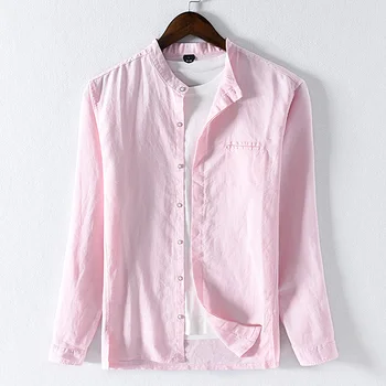 Nov prihod bombaža s perilo, srajce moške blagovne znamke fashion majica za moške priložnostne roza majico mens trdna udobno srajce moški camisa