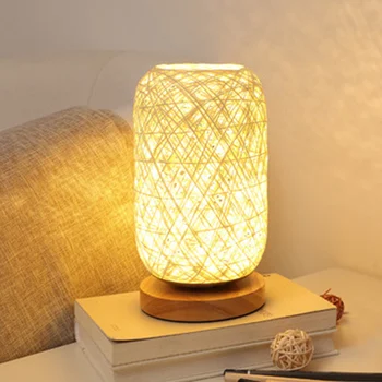 Ob postelji LED namizne Svetilke Sodobne USB Powered Kmečko Rattan Lampshade Lesa, ki je Osnova za Gospodinjstvo Spalnica Ornament