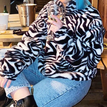 SUCHCUTE Fur Coats Za Ženske Zebra Vzorec Y2K Suknjič Modis Longslive Zadrgo Priložnostne Toplo Zimo 2020 Harajuku Ženski Plašč
