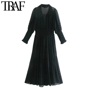 TRAF Ženske Mode Z Gumbi Polka Dot Šifon Midi Vintage Obleko z Dolgimi Rokavi Elastični Pas Ženske Obleke Mujer
