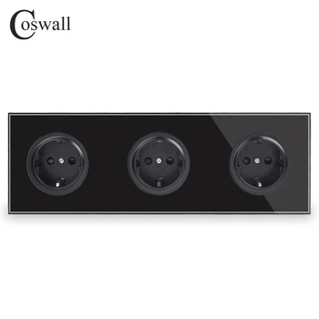 Coswall Kristalno Čistega Kaljenega Stekla Black Panel 16A Trojno EU Standardno Zidno električno Vtičnico in Vtičnico Ozemljeno Otrok Zaščitna Vrata