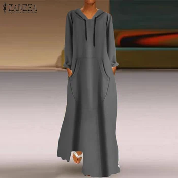 ZANZEA Letnik Hooded Maxi Obleko 2021 Ženske Jopice Priložnostne Jeseni Dolg Rokav Hoodies Vrečasta Vestidos Femme Haljo Plus Velikost