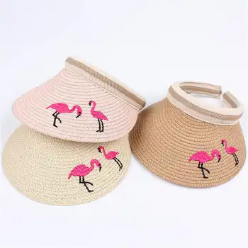 Slama Flamingo Vezene Sunhat za Otroke 3-8 Let Open Top Cap sončnega Klobuki