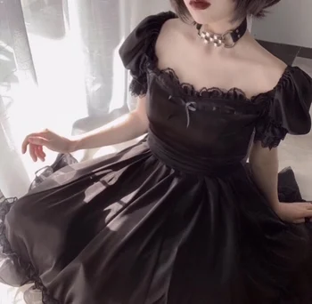Gothic letnik lolita obleko kvadratnih ovratnik puff rokav kawaii obleko čipke bowknot visoko pasu viktorijanski obleko gothic lolita op loli