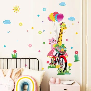 Risanka PVC Stenske Nalepke za Otroke Sobe Dekoracijo Srčkan Živali Žirafa Mačka Balon Kolo Vrata Nalepke Otrok Vinilne Nalepke