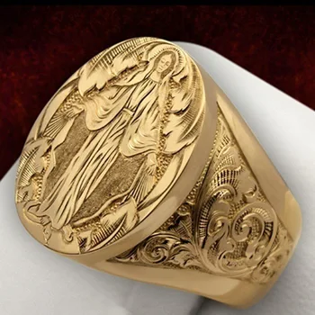 Zlato Barvo Pozlačen Prstan Blagoslov Device Marije Ameriški Simbol Ročno izrezljane Verske Obroč Ženske Stranka Hiphop Rock Nakit