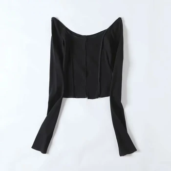 Y Predstavitev Priložnostne Slim T-shirt Žensk O Vratu Dolg Rokav Minimalističen Votlih Iz Tee Ženskih Modnih Oblačil 2020