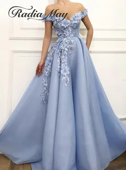 Elegantno Off Ramo Svetlo Modro Nebo, 3D Cvetlični Večerno Obleko 2020 Nov Prihod Žensk Formalno Maturantski Oblek za Posebne Priložnosti Obleko