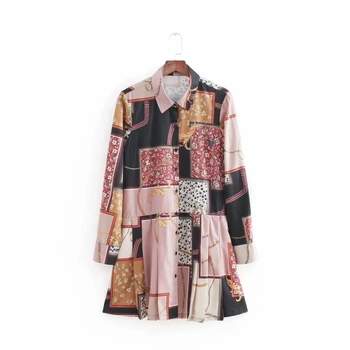 Verige mozaik tiskanje shirtdress žensk mini obleka retro dolg rokav ohlapne obleke stilsko ulične femme vestidos D2209