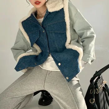 Korejska Različica Japonski Suknjič Moda Priložnostne Zgostitev Toplo Preplete Kontrast Ponaredek Dve Lambswool Plašč
