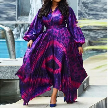 Moda Vijolična Luč Rokavi Ženske obleke Plus Velikost Tiskanja Svoboden Lady je Visoko Pasu Sashes Proti-vrat Nezakonitih Obleke Najnovejši