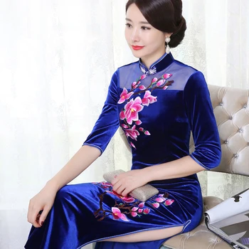 Vezenje Cvetlični Velur Seksi Cheongsam Ženske Qipao Obleke Letnik Gumb Velikosti Vestidos Dolgo Večer Stranka Obleke