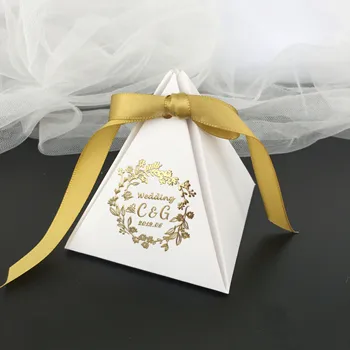 Po meri zlata logotip Bela piramida čokolada korist vrečko DIY Posla Poroko baby tuš party gift box bonbone škatle s trakom