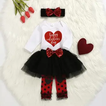 2021 valentinov Malčke Baby Dekle Srce Pismo Tiskanja Dolg Rokav Romper Bodysuits+Očesa Tutu Krilo+Glavo+Leg Ogrevalnike 4PCS Določa