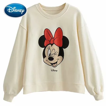 Disney Elegantna Moda Minnie Mouse Risanka Tiskanja Diamanti Appliques Harajuku Sladko Ženske Jopice Dolg Rokav Svoboden Zgornji Deli Oblacil Ženske