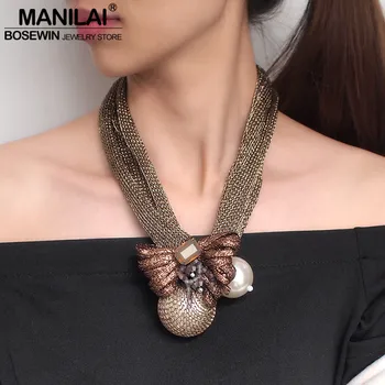 MANILAI Big Simulirani Pearl Obesek Ogrlice Za Ženske Kristalno Kroglice Žogo Cvet Izjavo Ogrlico, Ročno izdelan Nakit Choker