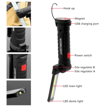 USB Polnilne Baterije večnamenska Zložljiva delovna svetilka COB LED Kampiranje Baklo Rdeča Svetilka Magnet priključite Prenosno luč