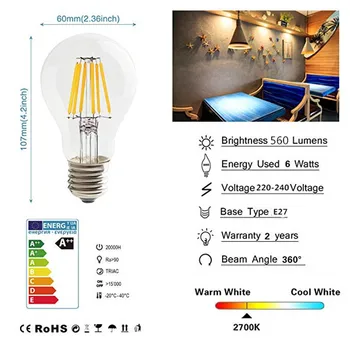 4pcs/veliko A60 LED Žarnice Luči E27 6W 560lm Kul Toplo Bele Barve Retro lahka Edison Žarnice Letnik žarnice z Žarilno Nitko, AC220-240V