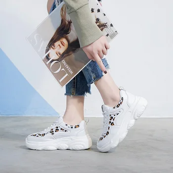 Usnjene Superge Platforma čevlji Dihanje Leopard ženske čevlje osnovne 2020 Jeseni Bela Športna Obutev ženska majhne velikosti 32 33 34